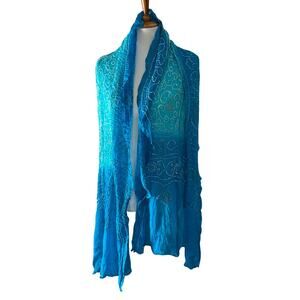 Vintage Y2K Sumac Design Silk Scarf Wrap – Crinkle Hand-Dyed Shawl, Blue